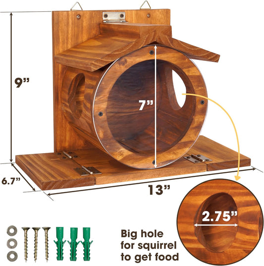 Wood Squirrel Feeder, Squirrel Feeders for outside Winter, Wooden Chipmunk Feeder for Corn, Peanuts, Durable Box Easy to Fill with the Roof Can Be Opened