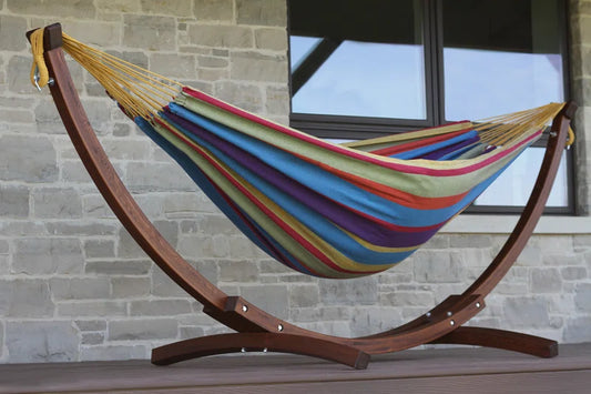 Vivere Holyoke Double Hammock with Solid Pine Arc Stand- Available in Sunbrella or Cotton
