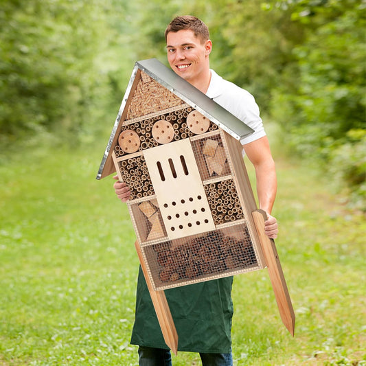 Extra Large Wooden Insect House with Stakes,Wood Mason Bee Butterfly House,Insect Hotel,An Outdoor Bamboo Habitat for Ladybugs Live,Bee Box,Butterfly Habitat for Garden and Yard,30" H X15 W