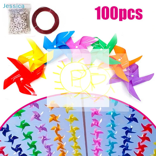 100-Pack Colorful Pinwheel Set - Wind Spinners with Hanging Wire for Party & Garden Decor