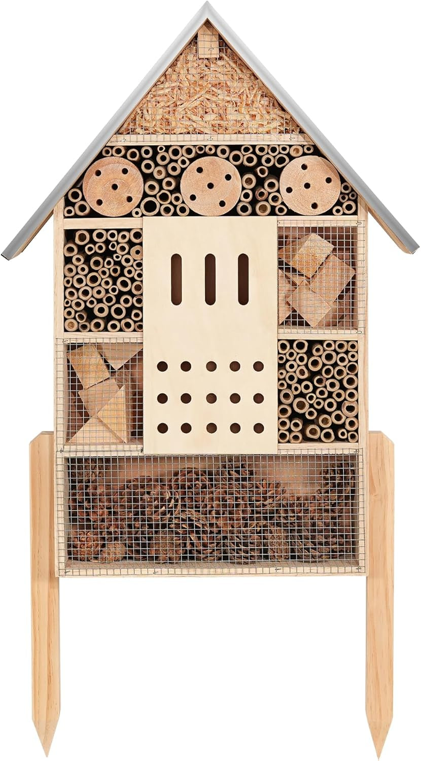 Extra Large Wooden Insect House with Stakes,Wood Mason Bee Butterfly House,Insect Hotel,An Outdoor Bamboo Habitat for Ladybugs Live,Bee Box,Butterfly Habitat for Garden and Yard,30" H X15 W