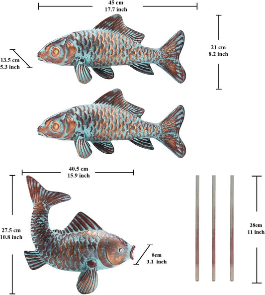 Set of 3 Garden Koi Fish Statue Antique Copper Fishes Outdoor Décor Garden Sculptures & Statues Metal Koi Fish Figurine Ornaments for Outdoors,Patio Decor,Backyard and Home Kitchen Decorations