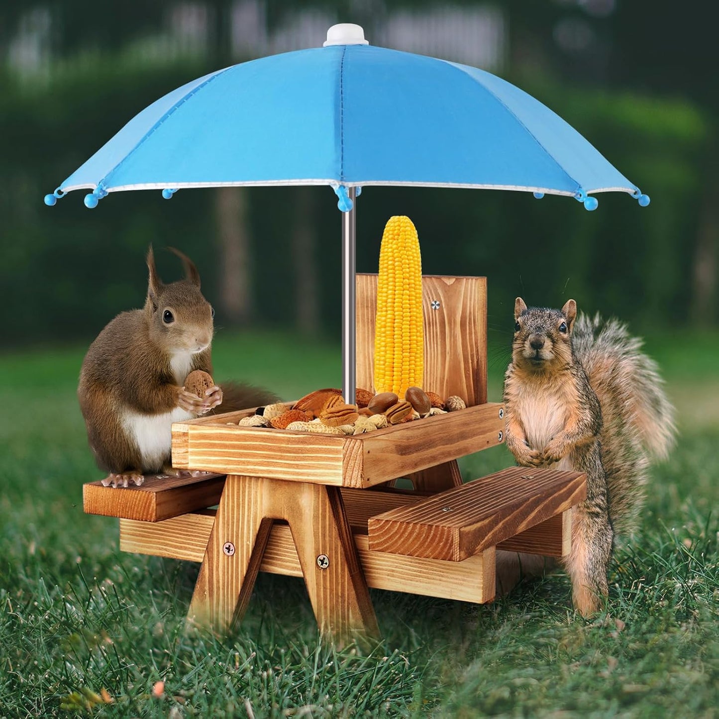 Gnodary Squirrel Feeder with Umbrella, Squirrel Feeders for Outside, Squirrel Picnic Table Feeder - Chipmunk Feeder Hold Corn, Corn Cob, Peanuts (Bright-Red)