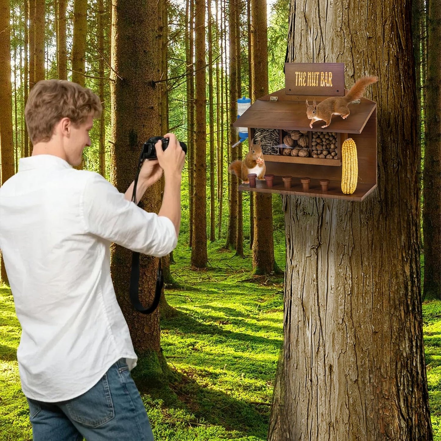 Wooden Squirrel Picnic Table Feeder for Outside,Funny Chipmunk House,Can Hang on the Tree,Set:3 Food Slots + 1 Corn Cob Holder + 5 Stools + 1 Feeding Water Bottle,Nut Bar,15.74 * 6.29 * 14.17 In