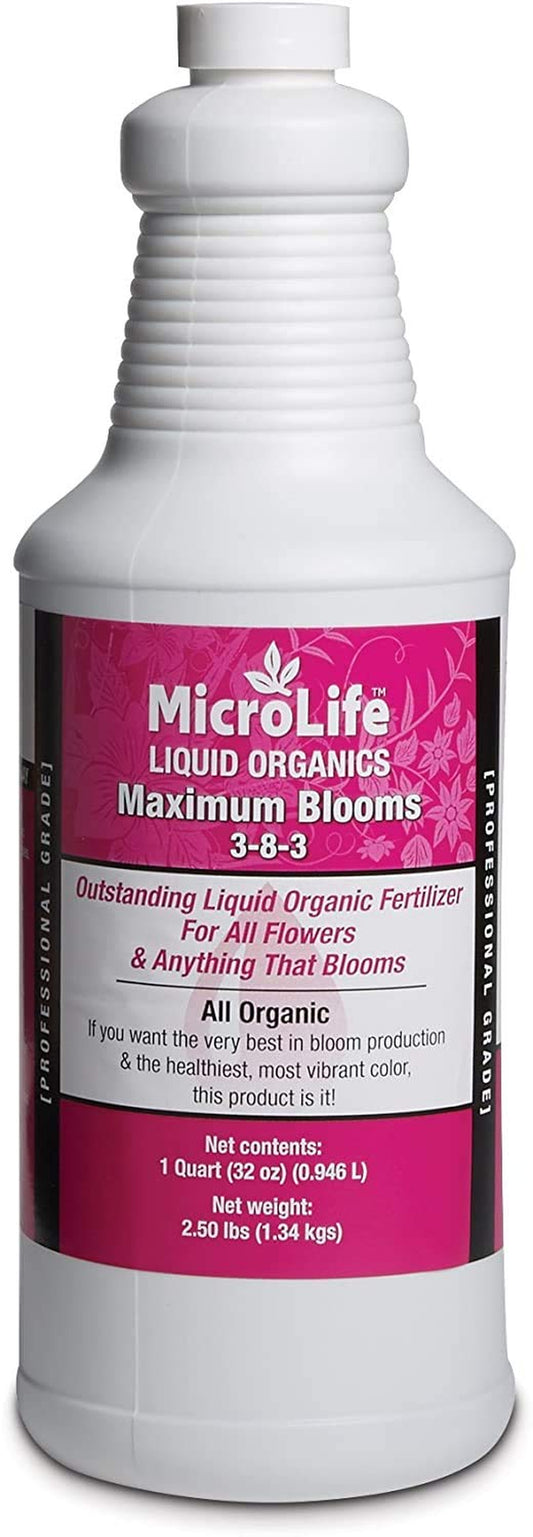 Microlife Maximum Blooms (3-8-3) Professional Grade Organic Liquid Fertilizer Concentrate for All Flowers and Anything That Blooms, 1 Quart