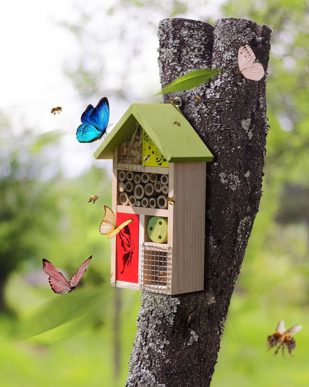 Premium Bug Hotel Kit Cedar Wood Insect Hotel Insect House - Backyard Bee House, Nesting Habitat Shelters, Garden Shelter for Bees, Butterflies, Bugs,Heavy Duty Thickness Colorful