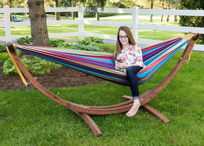 Vivere Holyoke Double Hammock with Solid Pine Arc Stand- Available in Sunbrella or Cotton