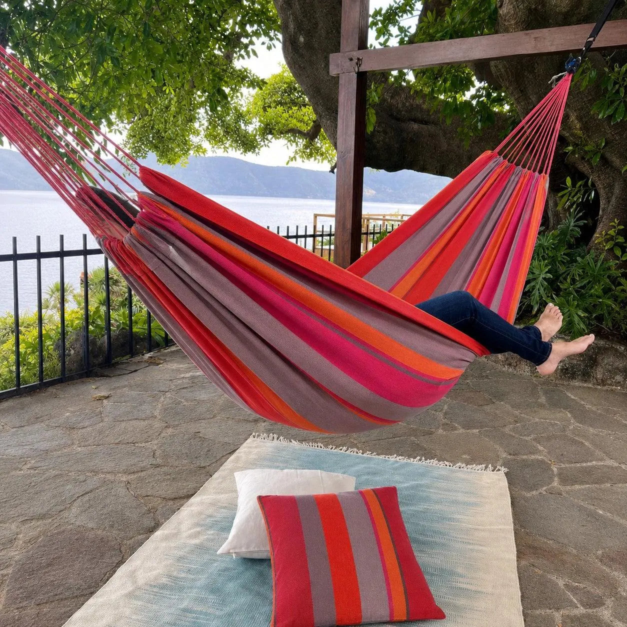 Soft Cotton Hammock for Adults - Red, Orange, and Pink Canvas - Artisan-Made