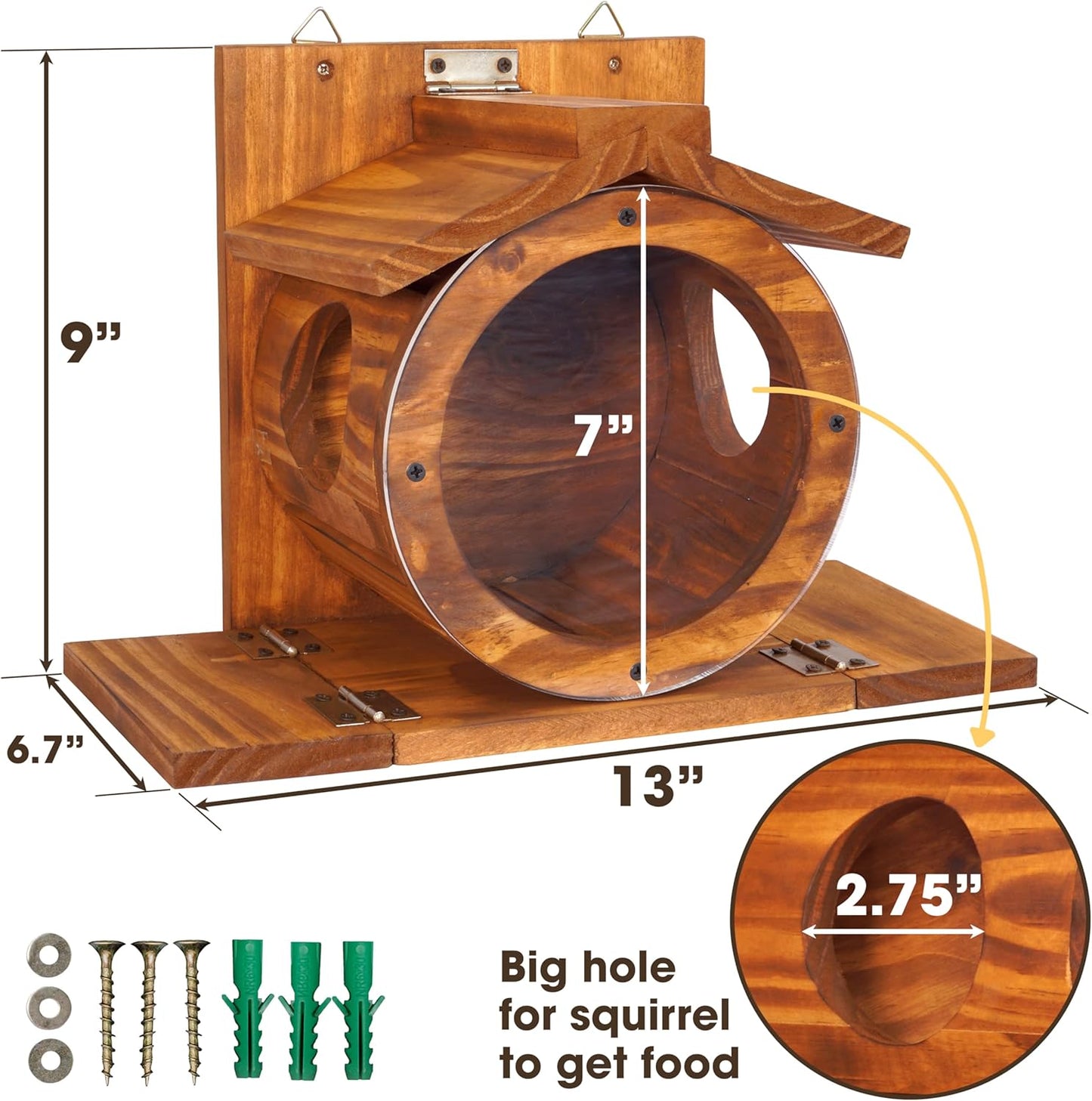 Wood Squirrel Feeder, Squirrel Feeders for outside Winter, Wooden Chipmunk Feeder for Corn, Peanuts, Durable Box Easy to Fill with the Roof Can Be Opened