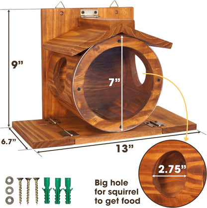 Wood Squirrel Feeder, Squirrel Feeders for outside Winter, Wooden Chipmunk Feeder for Corn, Peanuts, Durable Box Easy to Fill with the Roof Can Be Opened