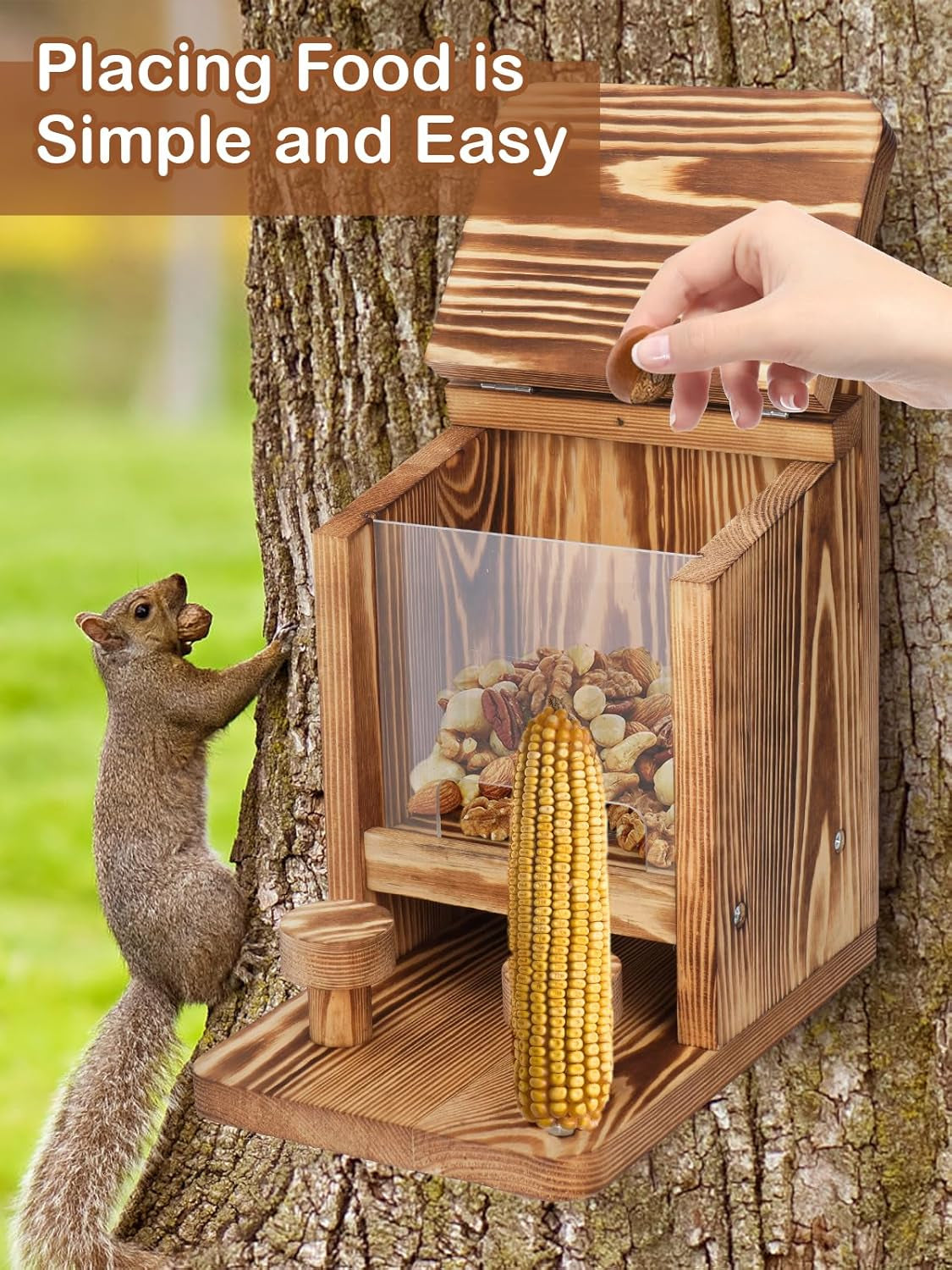 Squirrel Feeder for Outside, Thickened Wooden Squirrel Feeder Platform, Funny Squirrel Houses Picnic Table, Squirrel Feeders for Outdoors Tree Peanuts Nuts Corn Cobs Holder Durable Chipmunk Feeder Box