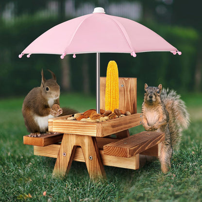Gnodary Squirrel Feeder with Umbrella, Squirrel Feeders for Outside, Squirrel Picnic Table Feeder - Chipmunk Feeder Hold Corn, Corn Cob, Peanuts (Bright-Red)