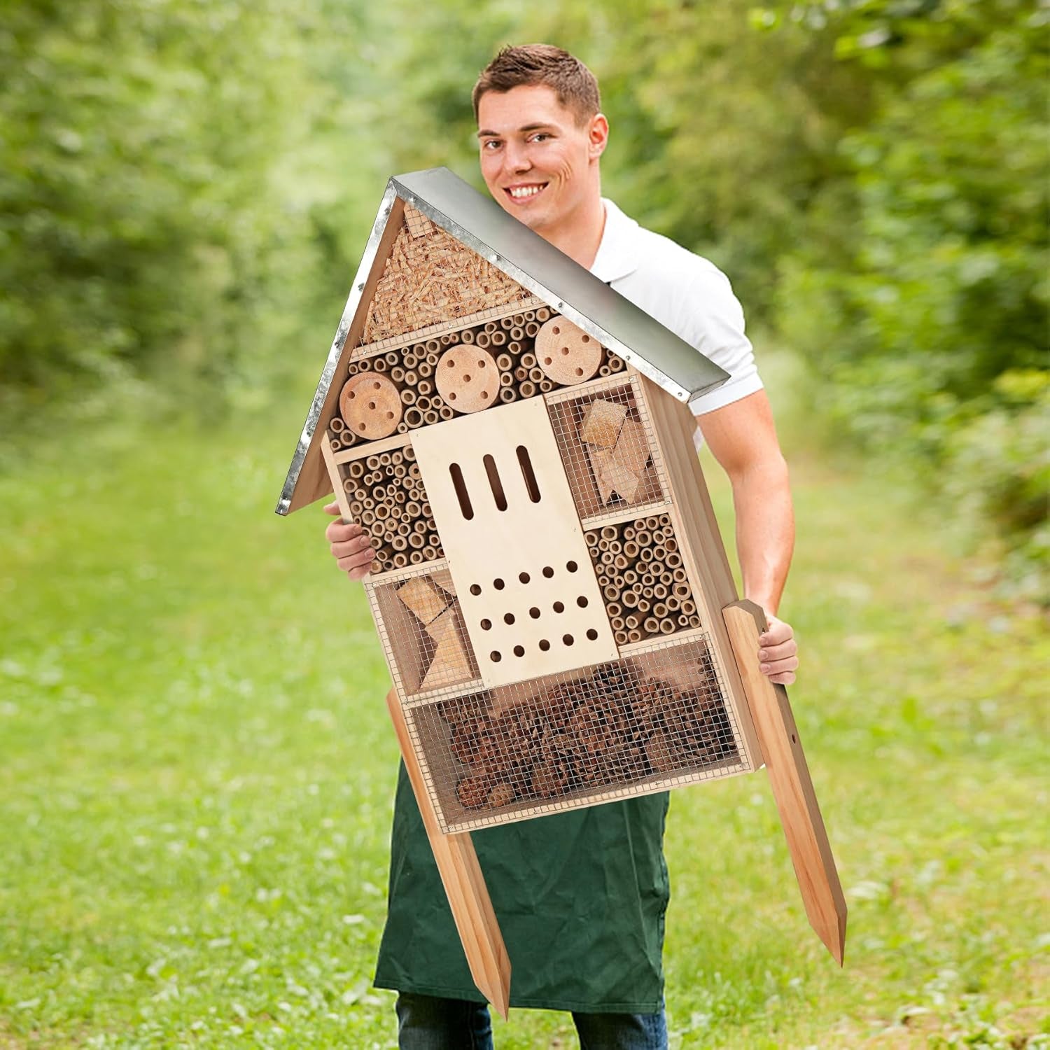 Extra Large Wooden Insect House with Stakes,Wood Mason Bee Butterfly House,Insect Hotel,An Outdoor Bamboo Habitat for Ladybugs Live,Bee Box,Butterfly Habitat for Garden and Yard,30" H X15 W