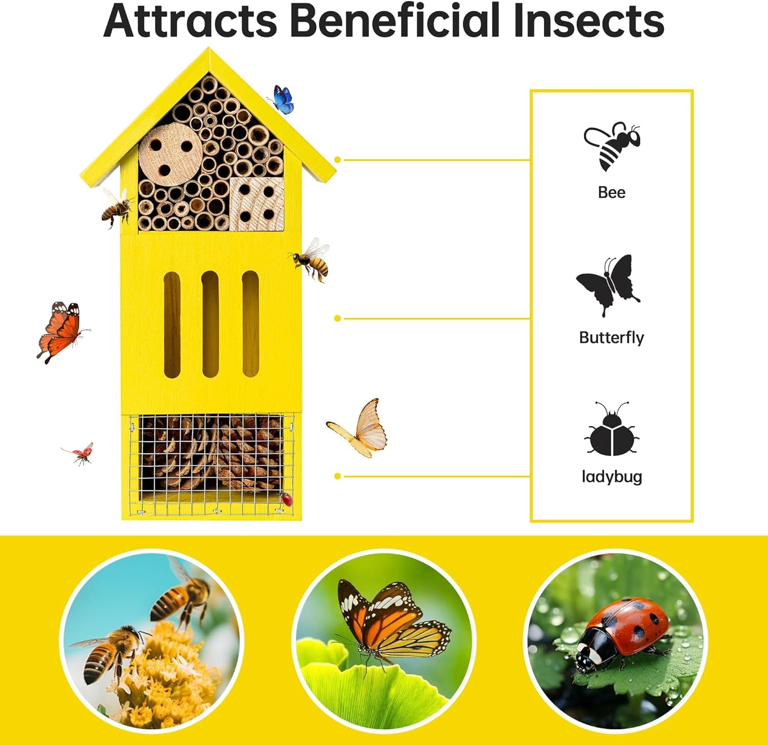 Bee House Bug Hotel & Butterfly House, Handcrafted Wooden Ladybug House, Natural Insect Habitat for Garden, Patio, or Yard, Durable Pine Wood, Attracts Pollinators, 10.4 X 5.5 X 3.2 Inches