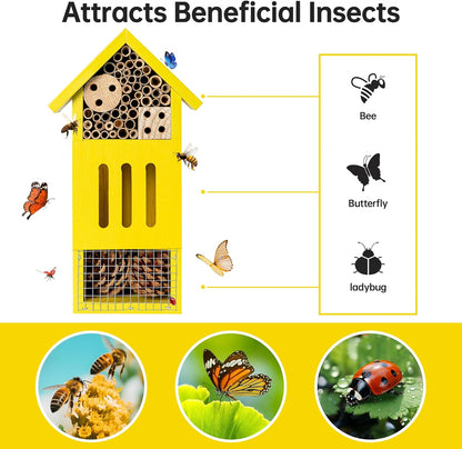 Bee House Bug Hotel & Butterfly House, Handcrafted Wooden Ladybug House, Natural Insect Habitat for Garden, Patio, or Yard, Durable Pine Wood, Attracts Pollinators, 10.4 X 5.5 X 3.2 Inches