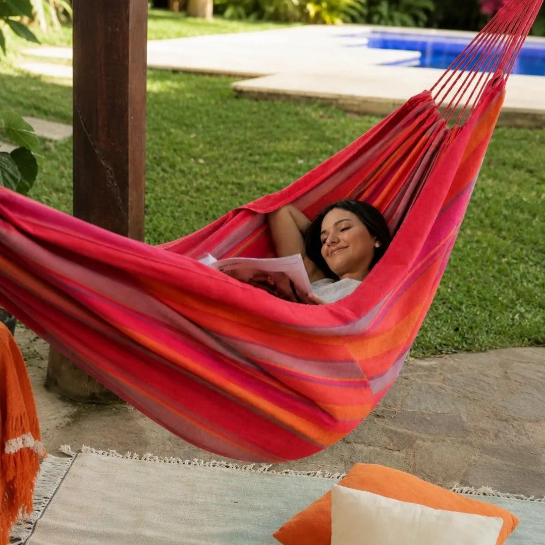 Soft Cotton Hammock for Adults - Red, Orange, and Pink Canvas - Artisan-Made