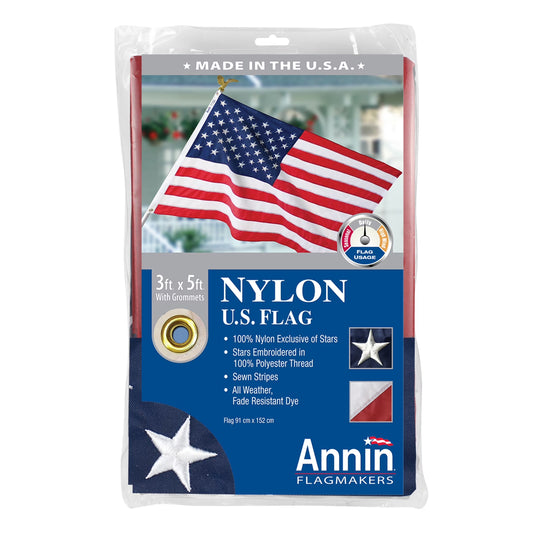 American Nylon Flag with Sewn Stripes and Embroidered Stars by Annin, 3’ X 5’