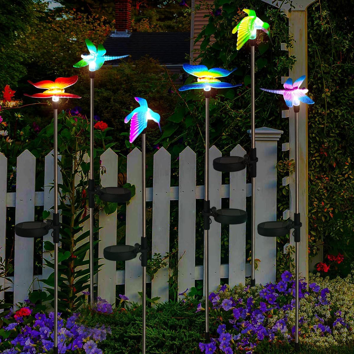 6 Pack Solar Garden Stake Lights Outdoor, Yard Figurine Stake Light, Flower Hummingbird Dragonfly Butterfly for Patio Yard Pathway Decoration (Garden)