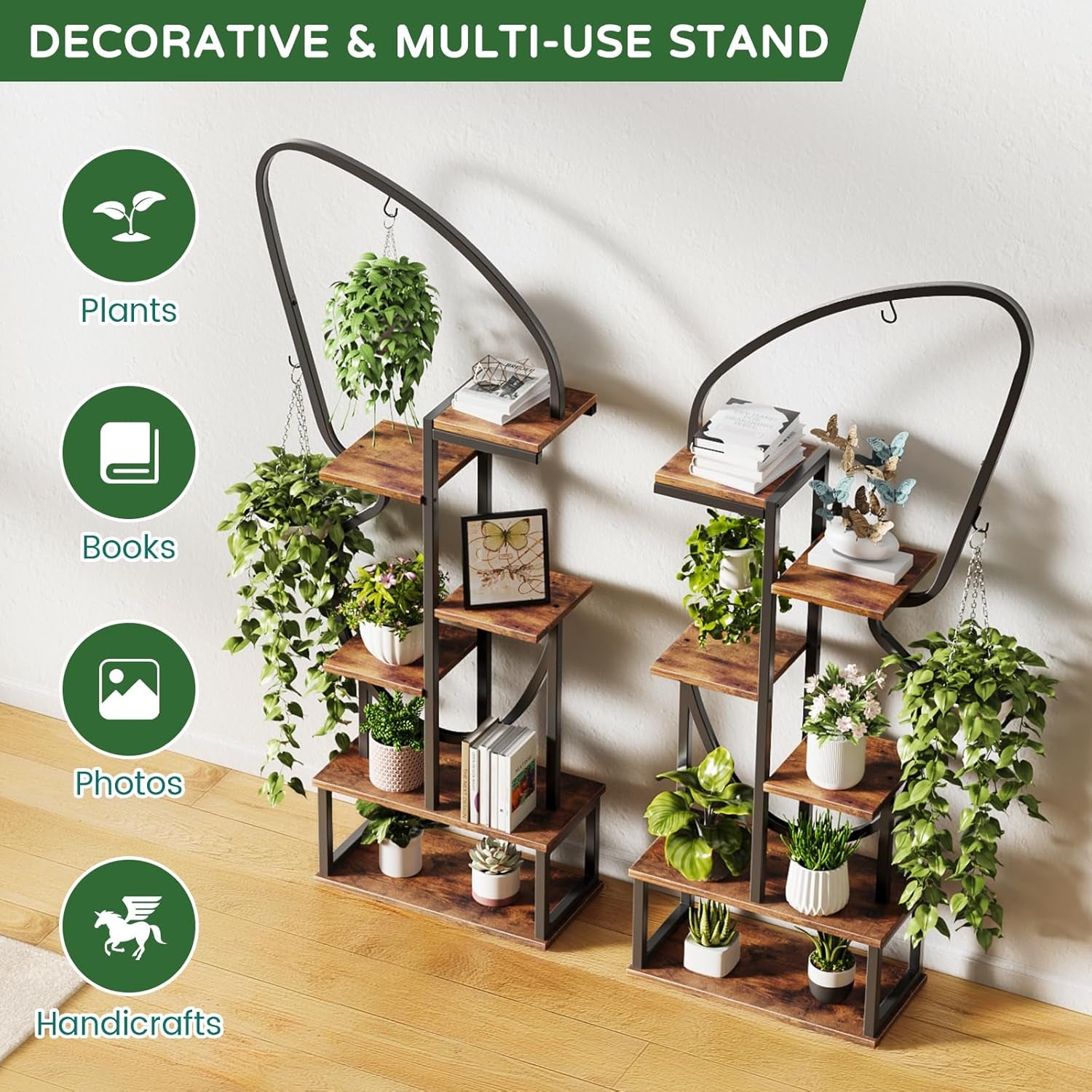 6 Tier Plant Stand Indoor Butterfly-Shaped, Tall Metal Plant Stand with 6 Plant Hooks & 12 Boards, Large Ladder Plant Shelf with Adjustable Feet for Living Room, Balcony, Garden, Art Studio (2 Pack)