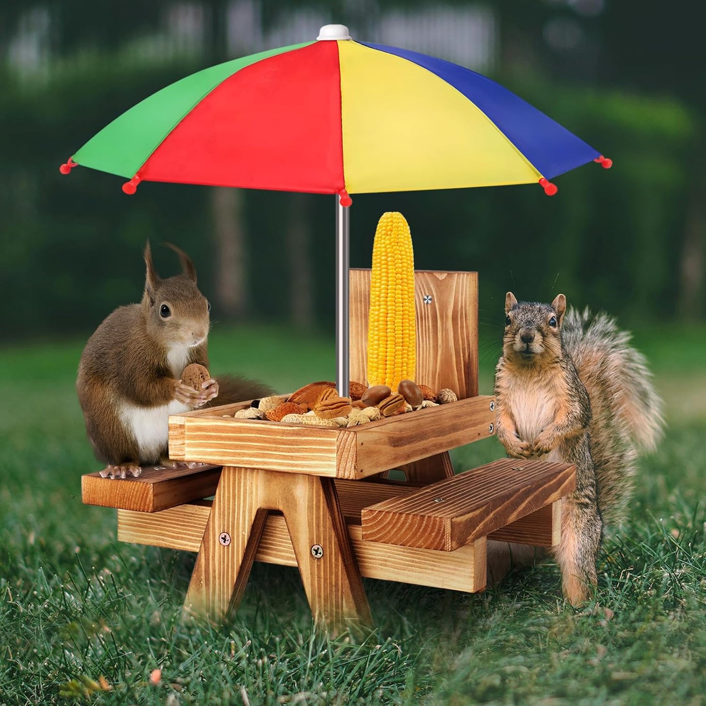 Gnodary Squirrel Feeder with Umbrella, Squirrel Feeders for Outside, Squirrel Picnic Table Feeder - Chipmunk Feeder Hold Corn, Corn Cob, Peanuts (Bright-Red)