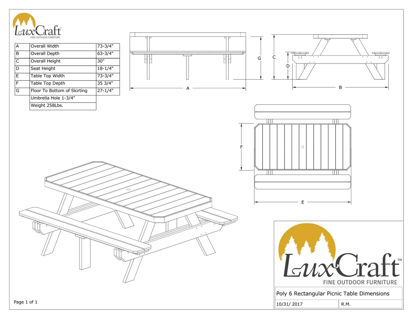 6' Dining Height Rectangular Picnic Table