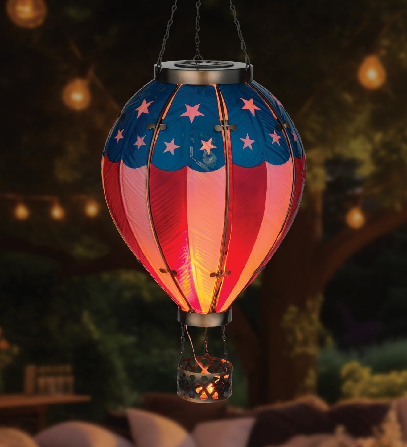 Hot Air Balloon Solar Lantern – Hanging Solar-Powered LED Lights, Waterproof Portable Decorative Outdoor Lamp Made of Metal & Glass for Garden, Patios & Pathway – Americana (X-Large)