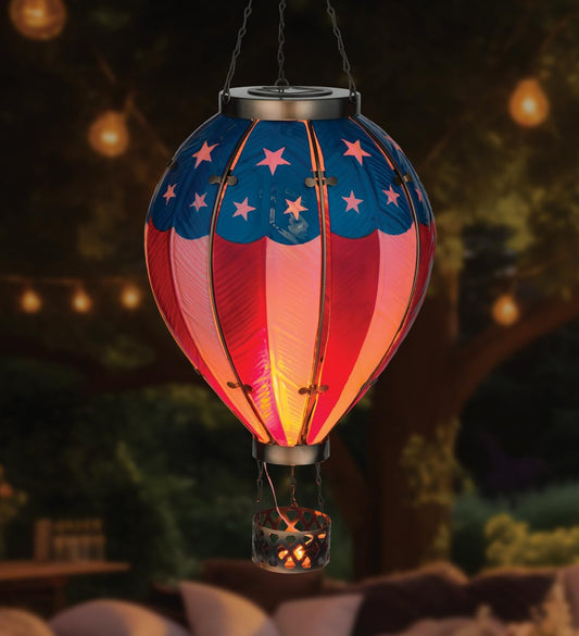 Hot Air Balloon Solar Lantern – Hanging Solar-Powered LED Lights, Waterproof Portable Decorative Outdoor Lamp Made of Metal & Glass for Garden, Patios & Pathway – Americana (X-Large)