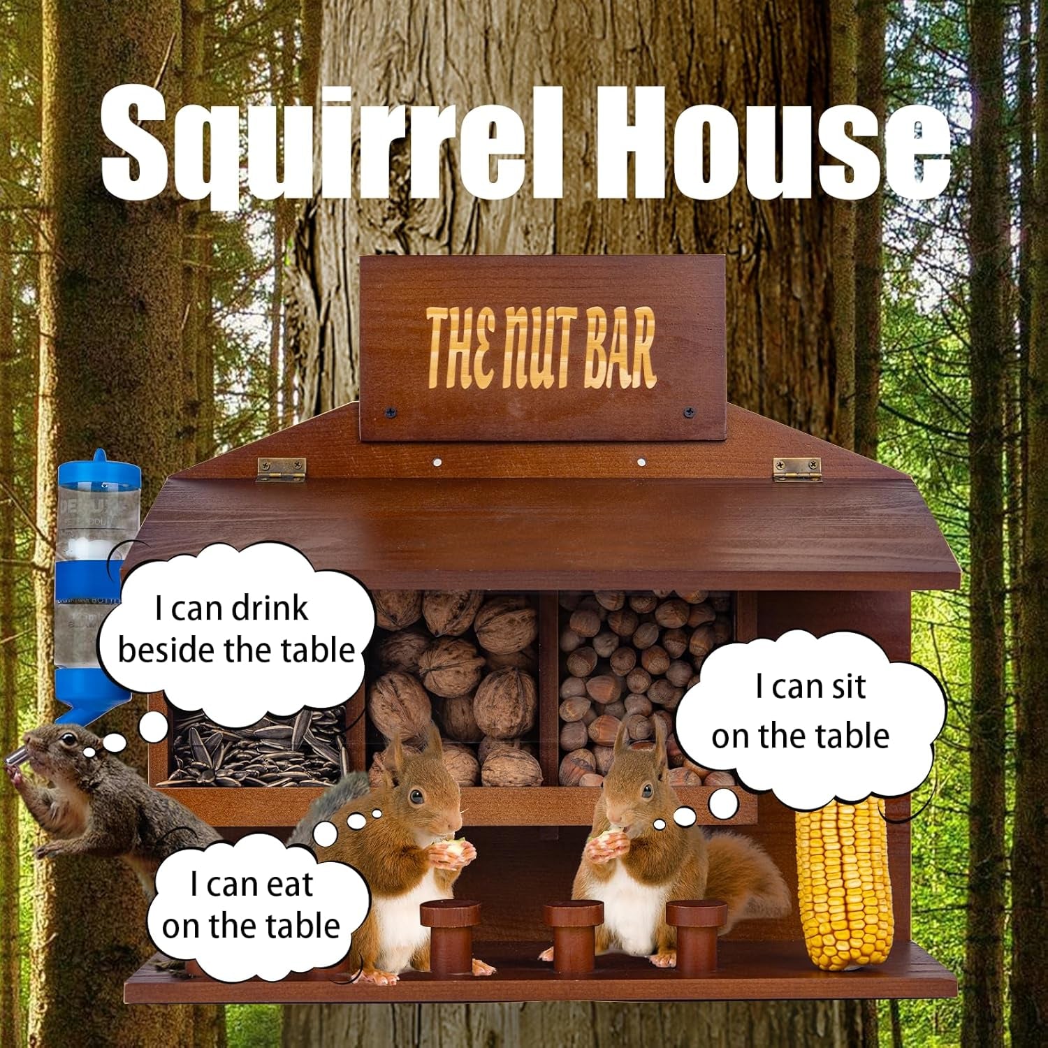 Wooden Squirrel Picnic Table Feeder for Outside,Funny Chipmunk House,Can Hang on the Tree,Set:3 Food Slots + 1 Corn Cob Holder + 5 Stools + 1 Feeding Water Bottle,Nut Bar,15.74 * 6.29 * 14.17 In