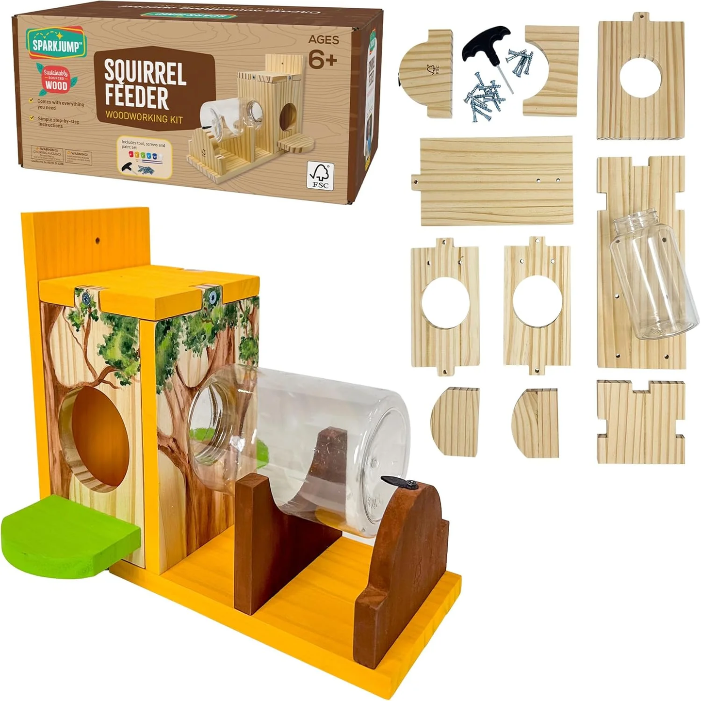 Squirrel Feeder Kit - Sustainable FSC Wood, Easy Mounting and Assembly, Kid-Safe Mason Jar, Perfect for Outdoor Squirrel Watching & Feeding