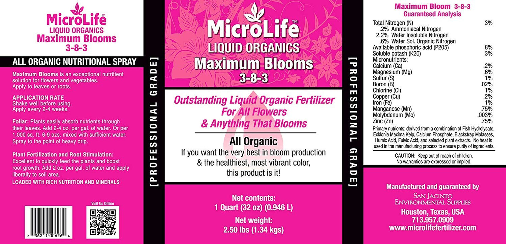 Microlife Maximum Blooms (3-8-3) Professional Grade Organic Liquid Fertilizer Concentrate for All Flowers and Anything That Blooms, 1 Quart