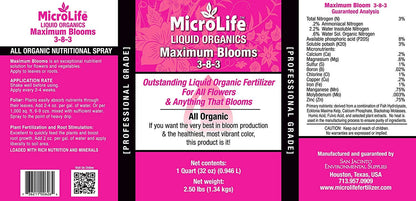 Microlife Maximum Blooms (3-8-3) Professional Grade Organic Liquid Fertilizer Concentrate for All Flowers and Anything That Blooms, 1 Quart