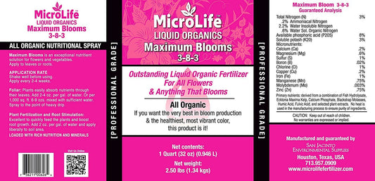 Microlife Maximum Blooms (3-8-3) Professional Grade Organic Liquid Fertilizer Concentrate for All Flowers and Anything That Blooms, 1 Quart