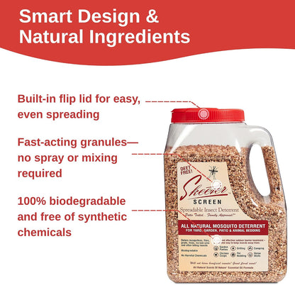 Skeeter Screen Spreadable Outdoor Deterrent – 64 Oz Granules | Deet-Free, Biodegradable – Essential Oil Barrier Formula – for Patios, Gardens, Animal Areas & Outdoor Use
