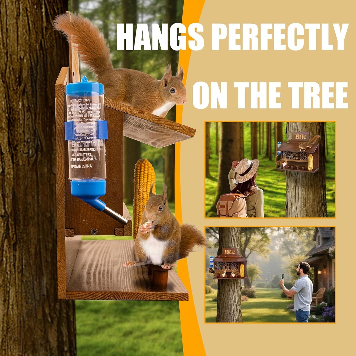 Wooden Squirrel Picnic Table Feeder for Outside,Funny Chipmunk House,Can Hang on the Tree,Set:3 Food Slots + 1 Corn Cob Holder + 5 Stools + 1 Feeding Water Bottle,Nut Bar,15.74 * 6.29 * 14.17 In