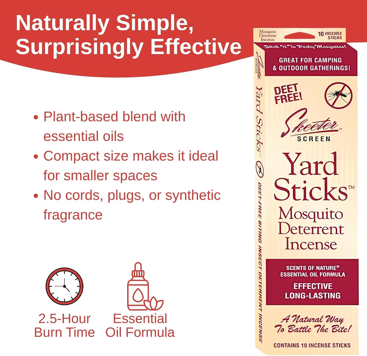 Skeeter Screen All Natural Incense Stick - Travel Size (10 Sticks) | Deet Free, Effective, Long Lasting - Essential Oils - Long Lasting Travel Size - 10 Sticks