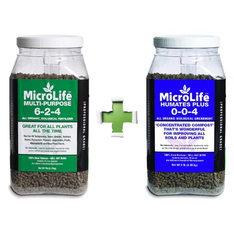Microlife Organic Biological Fertilizer Bundle - Multi-Purpose 6-2-4 (7LBS) and Humates plus 0-0-4 (9 LBS)