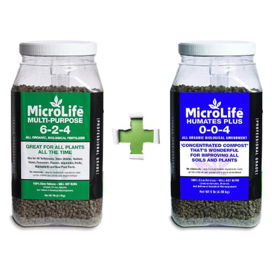 Microlife Organic Biological Fertilizer Bundle - Multi-Purpose 6-2-4 (7LBS) and Humates plus 0-0-4 (9 LBS)