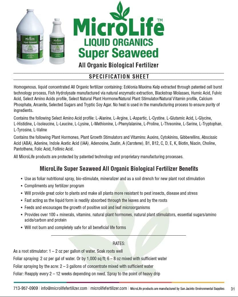 Microlife Super Seaweed Professional Grade Organic Liquid Concentrate Root Stimulator & Foliar Nutritional Spray for All Plants, 1 Quart