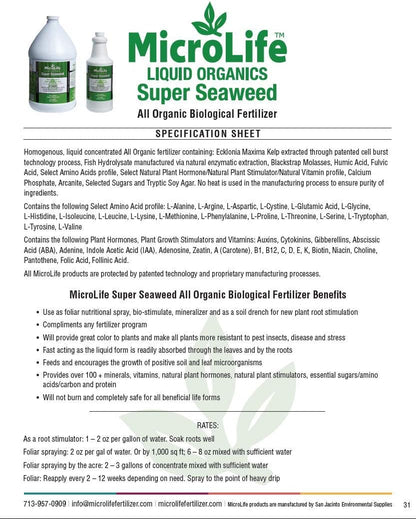 Microlife Super Seaweed Professional Grade Organic Liquid Concentrate Root Stimulator & Foliar Nutritional Spray for All Plants, 1 Quart