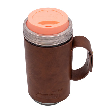 Mason Jar Lifestyle 24Oz Pint & Half Glass Water Bottle Travel Tumbler with Faux Leather Sleeve & Drinking Lid