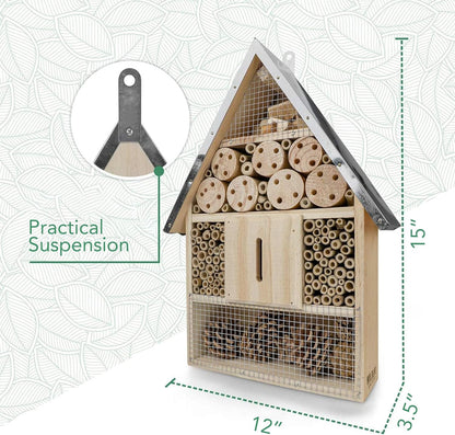 Premium Weatherproof Insect Hotel - Durable Bug House, Bee Home Box for Garden - Ideal Habitat for Bees, Ladybirds, Butterflies - Enhance Biodiversity & Eco-Balance