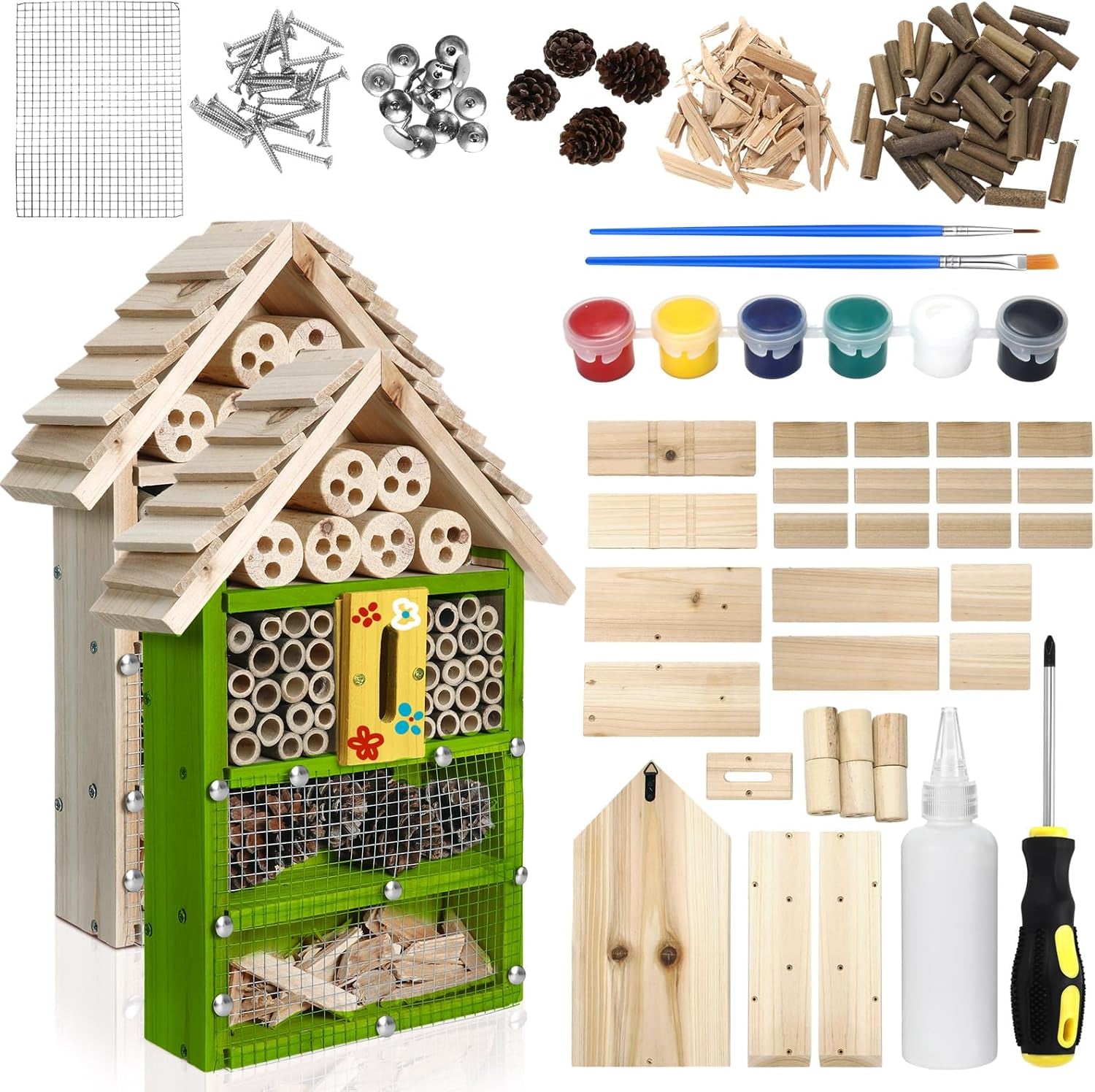 2 Set DIY Wooden Insect Hotel Kit Mason Bee House Bug Hotel Wood Craft for Building Bee, Butterfly Hous DIY Insect Hotels Nesting Habitat Shelters for Beneficial, 13.6 X 10.8 X 2.8 Inch(A)