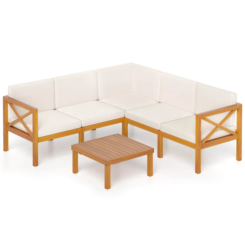 6 Pcs Acacia Wood Patio Furniture Set with Cushions and Coffee Table for Garden