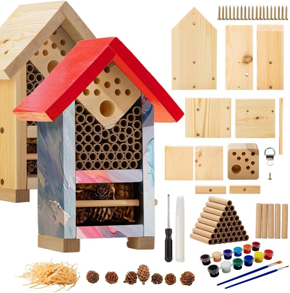 Premium Bug Hotel Kit Cedar Wood Insect Hotel Insect House - Backyard Bee House, Nesting Habitat Shelters, Garden Shelter for Bees, Butterflies, Bugs,Heavy Duty Thickness Colorful