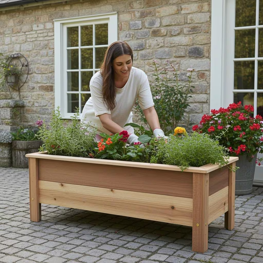 Handmade Heavy Duty Rectangular Raised Outdoor Cedar Wood Garden Planter Box with Legs, Farmhouse Flowers, Vegetables 60" 52" 46" 36" 24"6佛G