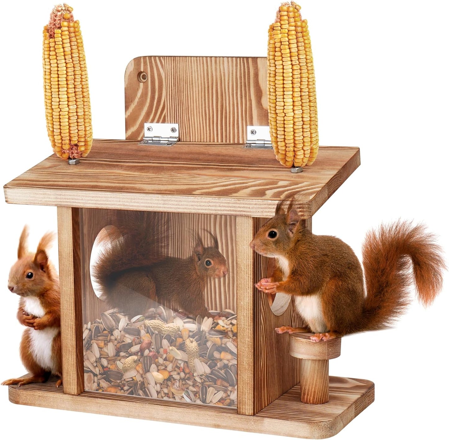 Squirrel Feeder for Outside, Thickened Wooden Squirrel Feeder Platform, Funny Squirrel Houses Picnic Table, Squirrel Feeders for Outdoors Tree Peanuts Nuts Corn Cobs Holder Durable Chipmunk Feeder Box