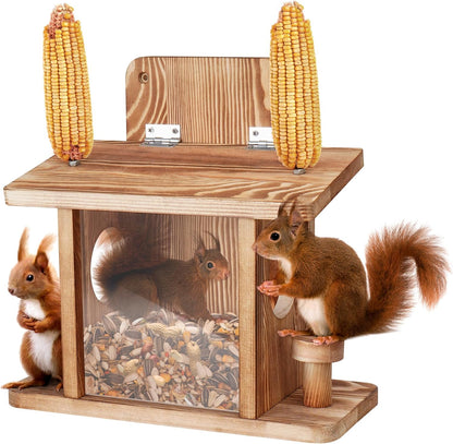 Squirrel Feeder for Outside, Thickened Wooden Squirrel Feeder Platform, Funny Squirrel Houses Picnic Table, Squirrel Feeders for Outdoors Tree Peanuts Nuts Corn Cobs Holder Durable Chipmunk Feeder Box