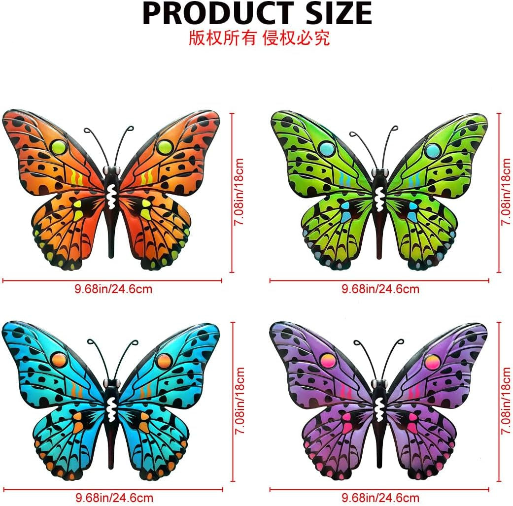 Metal Butterfly Wall Decor - 9.6" Outdoor Fence Wall Art Decor, Hanging Decoration for Garden Yard Living Room Bedroom Patio Balcony(4 Pack)