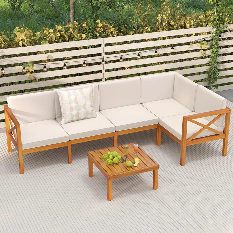 6 Pcs Acacia Wood Patio Furniture Set with Cushions and Coffee Table for Garden