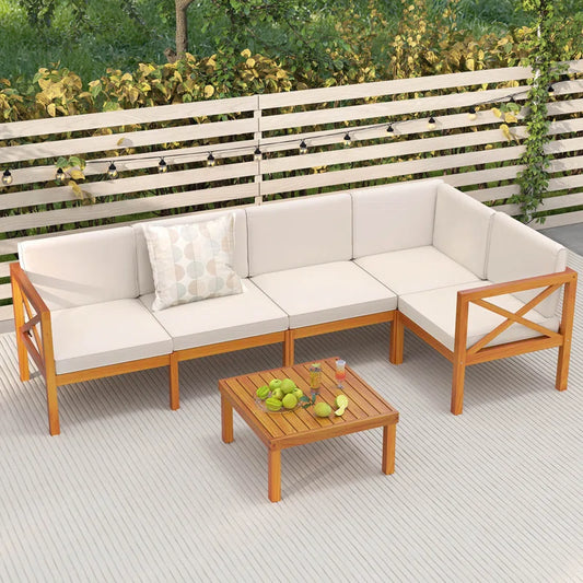 6 Pcs Acacia Wood Patio Furniture Set with Cushions and Coffee Table for Garden
